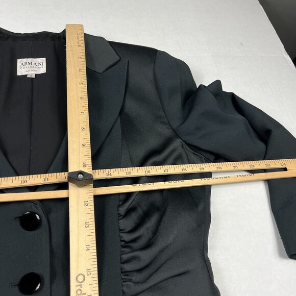 Armani Collezioni Black Satin Trim Classic Blazer 12 Ruched 3/4 Sleeve Jacket - Picture 5 of 13